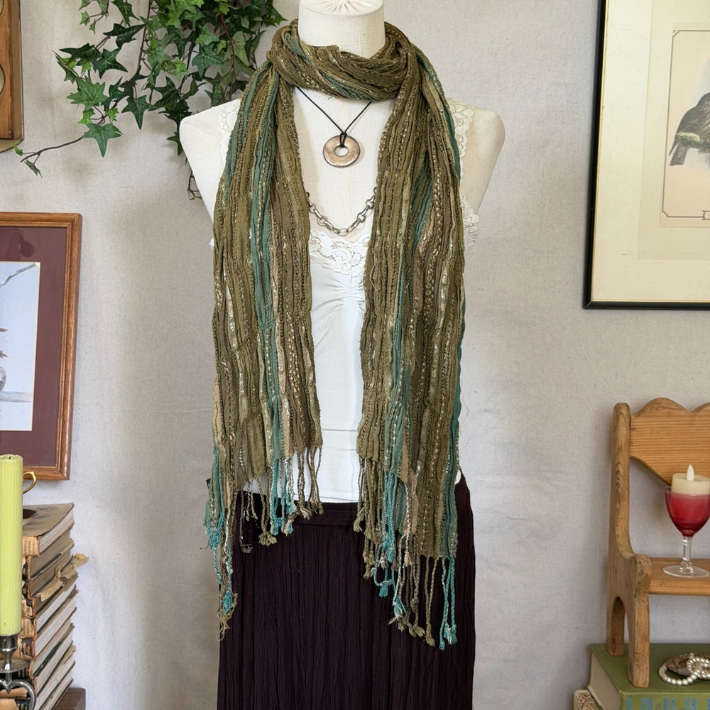 Green Metallic Knit Scarf Boho Whimsigoth Y2K Forest Girl Earthy Grunge Fringe
